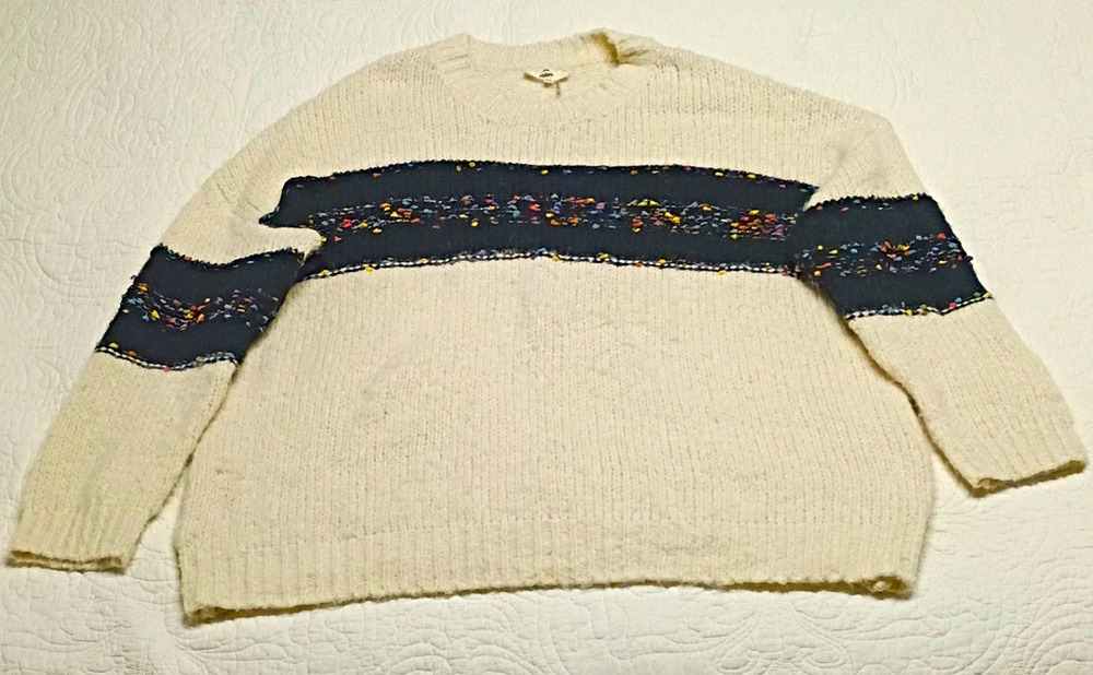 Entro Womens 1X Cream Knit Sweater Colorblock Confetti Stripe Oversized Plush XL